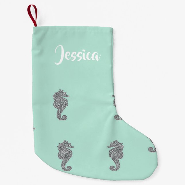 Grey seahorses on blue small christmas stocking (Front)