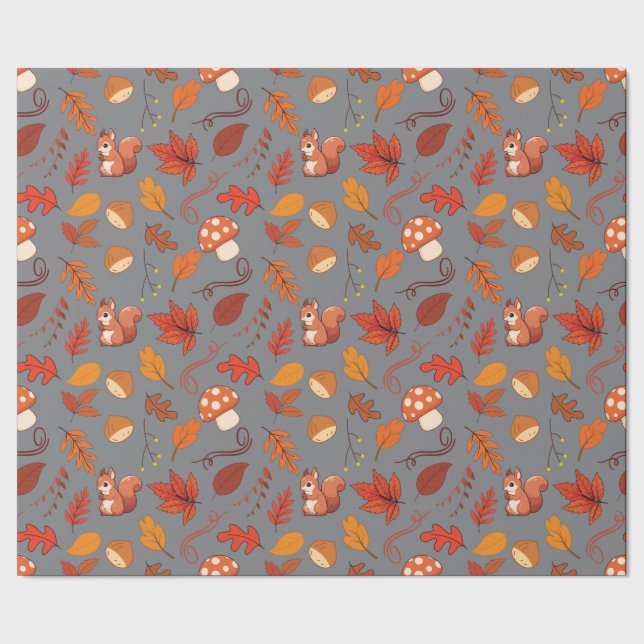 Grey Seamless Wrapping Paper: Squirrels and Leaves Paper (Seam)