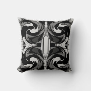 Grey Shades on Black Abstract Floral Large Tiles Cushion