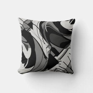 Grey Shades on Black Abstract Flowing Floral  Cushion