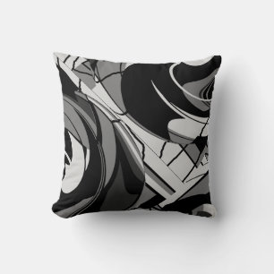Grey Shades on Black Swirling Floral Abstract   Cushion