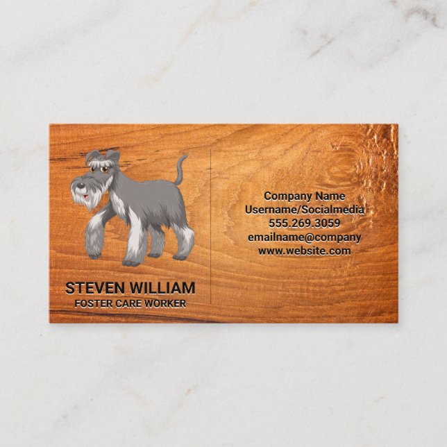 Grey Shaggy Dog | Wood Background Business Card (Front)