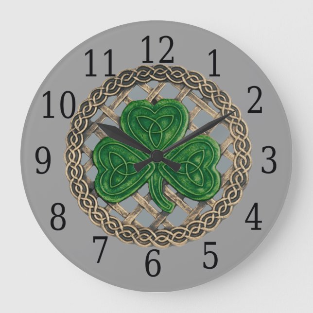 Grey Shamrock And Celtic Knots Round Clock (Front)