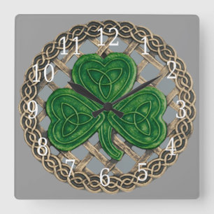 Grey Shamrock And Celtic Knots Square Clock