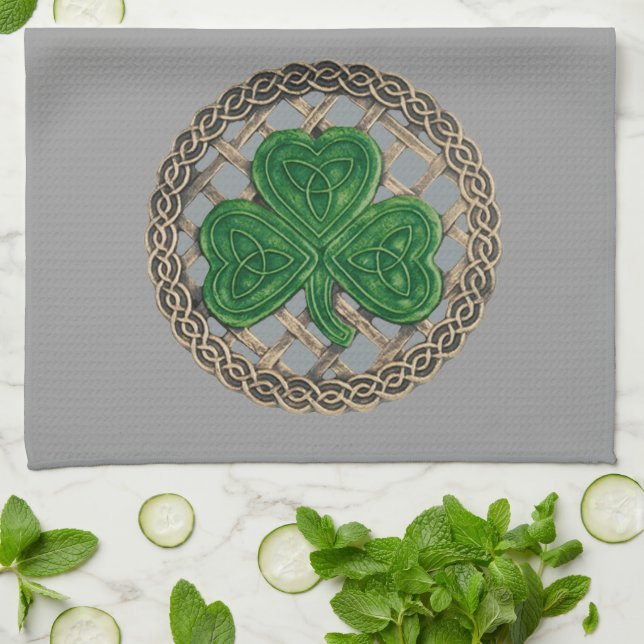 Grey Shamrock On Celtic Knots Kitchen Towel (Folded)
