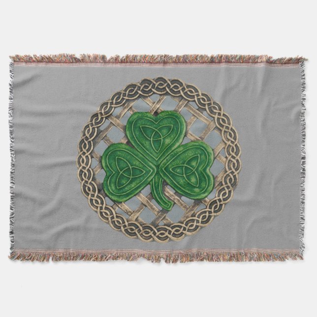 Grey Shamrock On Celtic Knots Throw Blanket (Front)