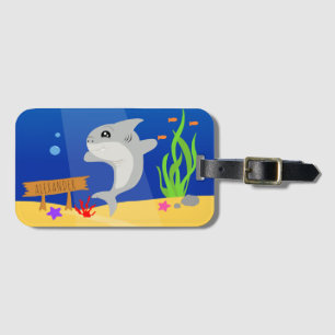 Grey Shark Colourful Ocean Cartoon Luggage Tag