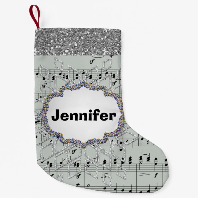 Grey Sheet Music Silver Snowflake Faux Glitter Small Christmas Stocking (Front)
