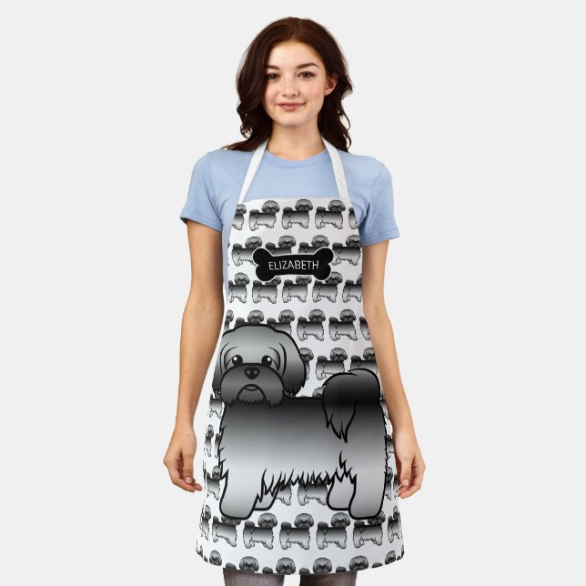 Grey Shih Tzu Cute Cartoon Dog & Name Apron (Worn)