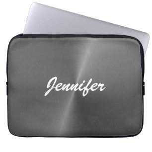 Grey shiny faux metal custom name laptop sleeve