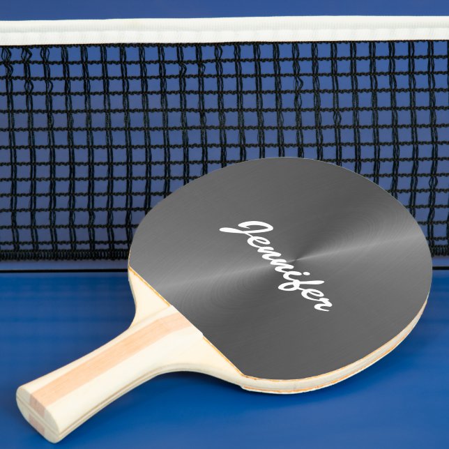 Grey shiny faux metal custom name ping pong paddle (Insitu)