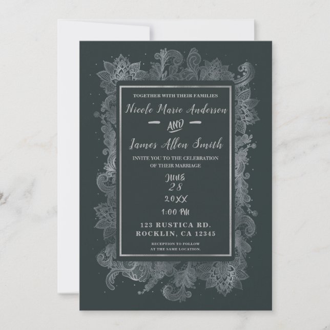 Grey & Shiny Silver Elegant Floral Wedding Invitation (Front)