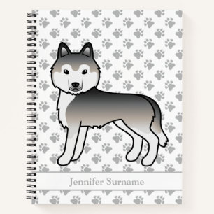 Grey Siberian Husky Cartoon Dog & Custom Text Notebook
