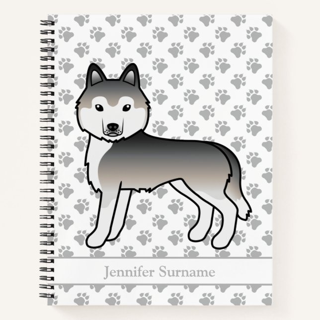 Grey Siberian Husky Cartoon Dog & Custom Text Notebook (Front)