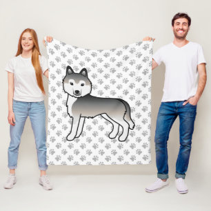 Grey Siberian Husky Cartoon Dog & Paws Fleece Blanket