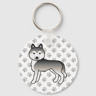 Grey Siberian Husky Cartoon Dog & Paws Key Ring