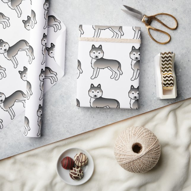Grey Siberian Husky Cute Dog Pattern Wrapping Paper (Crafts)