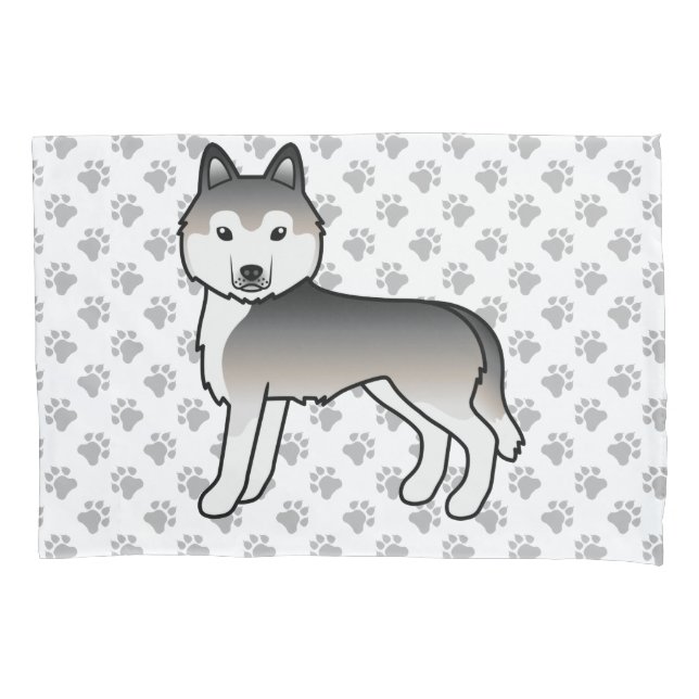 Grey Siberian Husky Cute Dog & Paws Pillow Case (Front)