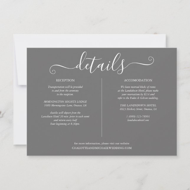 Grey Signature Script Wedding Details Information Invitation (Front)