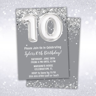 Grey Silver 10th Birthday Party Invitation