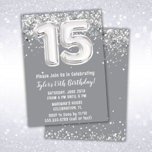 Grey Silver 15th Birthday Party Invitation