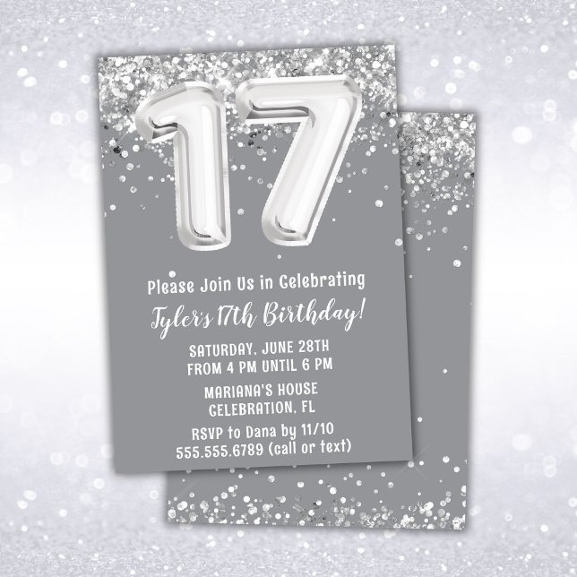 Grey Silver 17th Birthday Party Invitation (Creator Uploaded)
