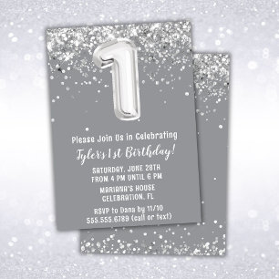 Grey Silver 1st Birthday Party Invitation