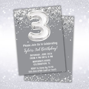 Grey Silver 3rd Birthday Party Invitation