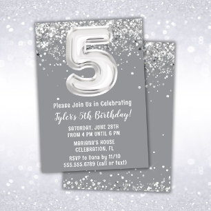 Grey Silver 5th Birthday Party Invitation