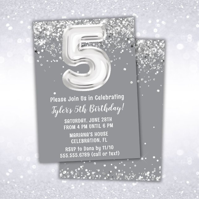 Grey Silver 5th Birthday Party Invitation (Creator Uploaded)