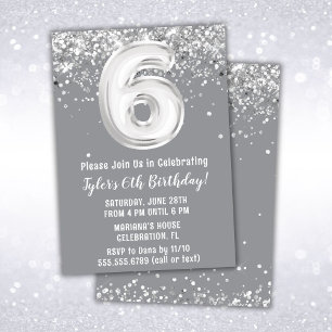 Grey Silver 6th Birthday Party Invitation