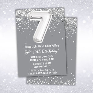 Grey Silver 7th Birthday Party Invitation