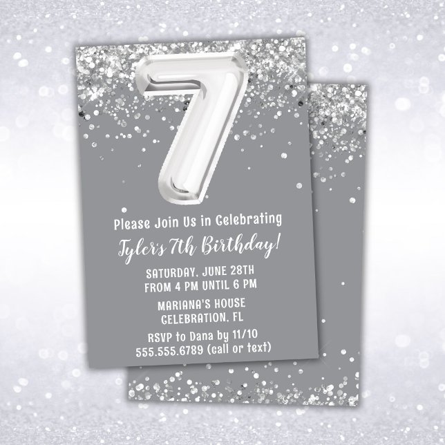Grey Silver 7th Birthday Party Invitation (Creator Uploaded)