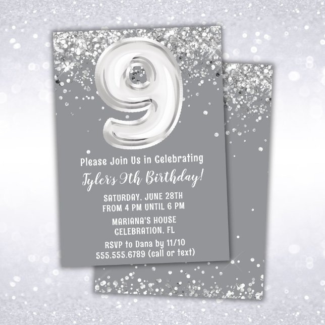 Grey Silver 9th Birthday Party Invitation (Creator Uploaded)