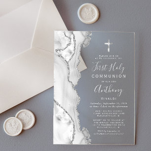 Grey Silver Agate First Holy Communion Acrylic Invitations