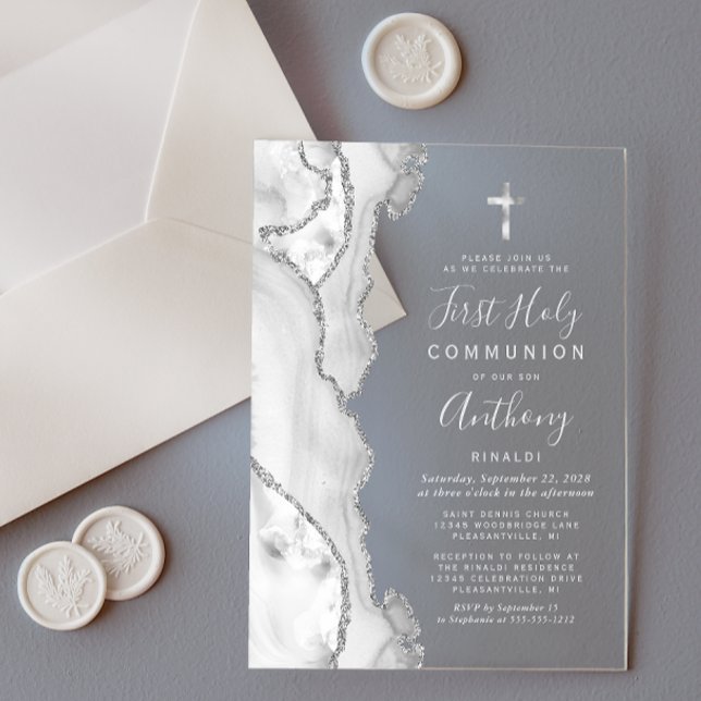 Grey Silver Agate First Holy Communion Acrylic Invitations (Creator Uploaded)