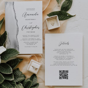 Grey Silver Agate QR Code Wedding Invitation
