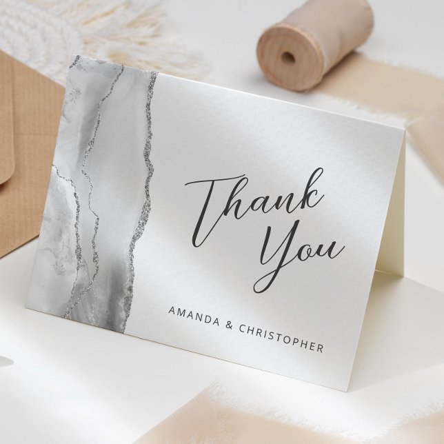 Grey Silver Agate Script Wedding Thank You Card (Creator Uploaded)