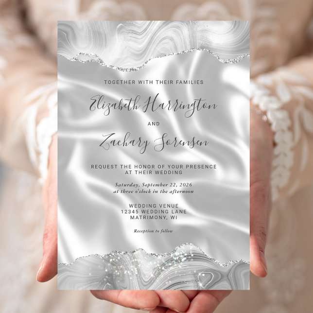 Grey Silver Agate White Silk Wedding Invitation (Creator Uploaded)