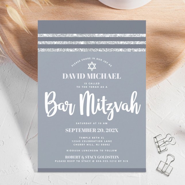 Grey Silver Bar Mitzvah Tallit Simple Modern Bold Invitation (Creator Uploaded)