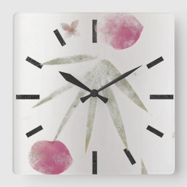 Grey Silver Black Floral Minimalism Petals Rose Square Wall Clock (Front)