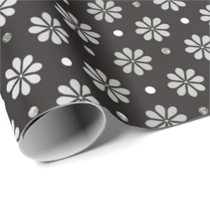 Grey Silver Black Foil  Floral Daisy  Dots Wrapping Paper