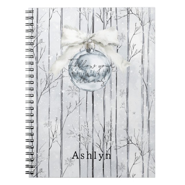 Grey Silver Bow Ornament Christmas Winter Trees Notebook (Front)