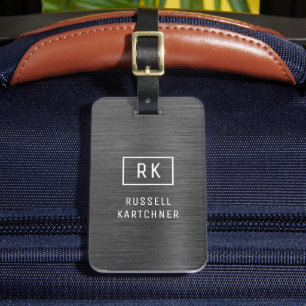 Grey Silver Brushed Metal Modern Monogram Luggage  Luggage Tag