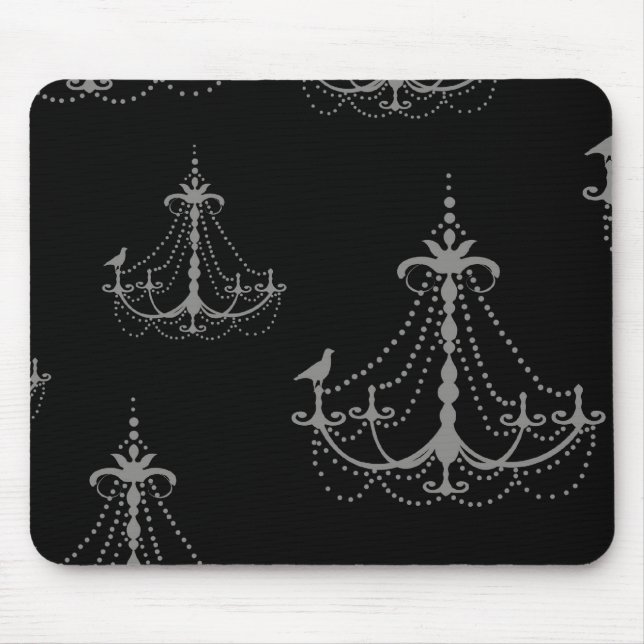 grey silver chandelier damask on black mouse pad (Front)