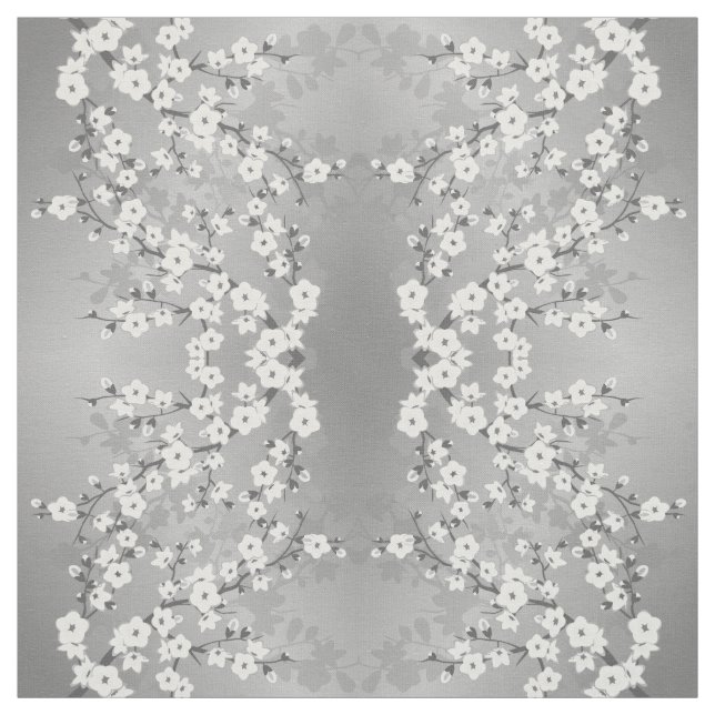 Grey Silver Cherry Blossom Floral Pattern Fabric (Swatch)