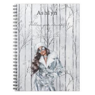 Grey Silver Christmas Girl Brown Hair Notebook
