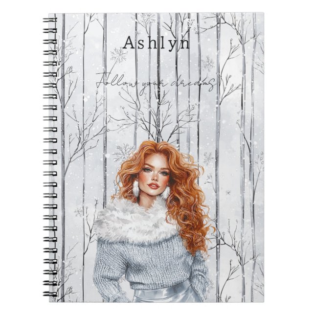 Grey Silver Christmas Girl Red Hair Notebook (Front)