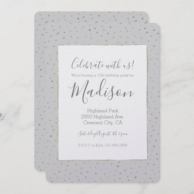 Grey Silver Confetti Birthday Invitation (Front/Back)