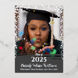 Grey Silver Confetti Foil Graduation Announcement